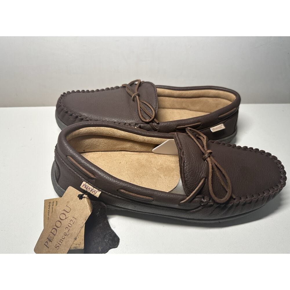 PEDOQU Men's Moosehide Leather Moccasins Slippers Memory Foam Sz 11